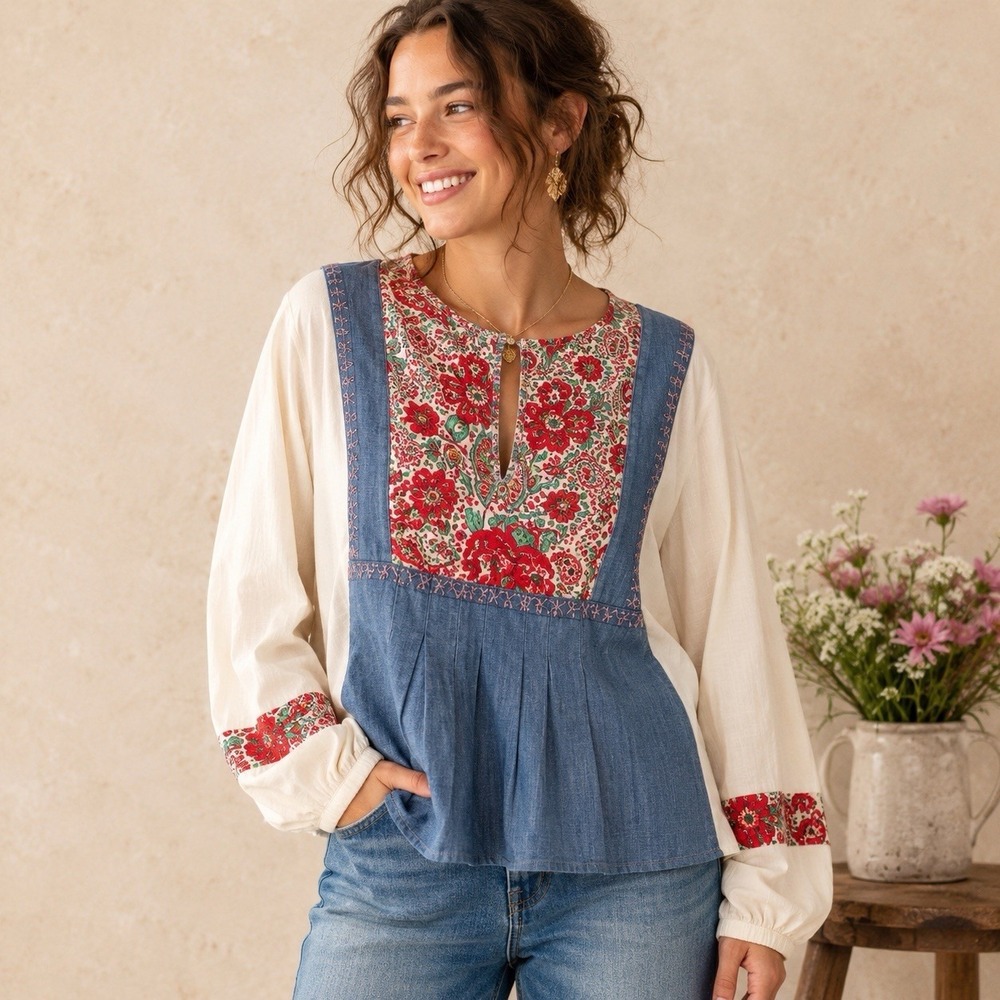 Anthropologie Tiny Floral Chambray Peasant Top Medium Cotton Boho Folk